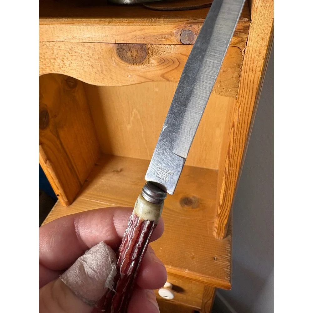 Vintage Stainless Steel Japan Steak Knife Faux Stag Antler Handle Rustic Lodge